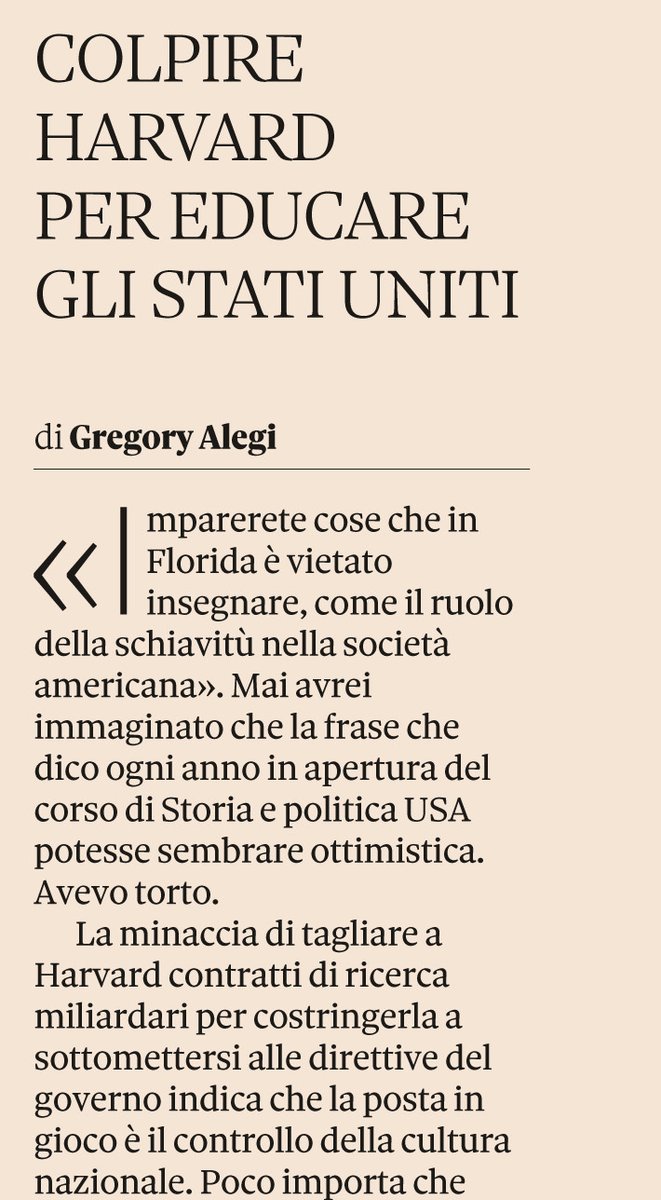 Colpire Harvard per imporsi agli USA. C'è questo, dietro l'attacco di Trump alla più antica e ricca università del paese. Ne parlo oggi su <a href="/sole24ore/">IlSole24ORE</a>, ma già da anni nel mio corso <a href="/UniLUISS/">Luiss Guido Carli</a> insegno cose - come il razzismo sistemico - che in Florida sono vietate per legge.