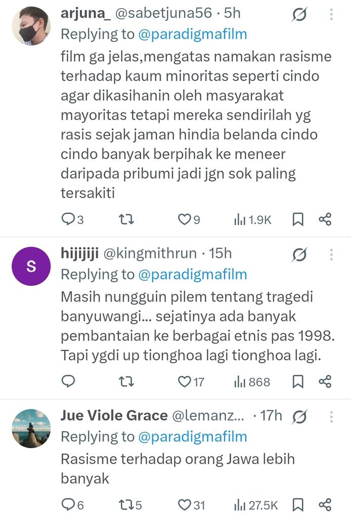 Mari kita lihat komentar di twit tentang film Pengepungan di Bukit Duri yang mengangkat tema rasisme, diskriminasi dan kerusuhan rasialis ini. Tentu saja komen-komennya langsung membuktikan pesan dari film itu beserta reviewnya👍👍👍