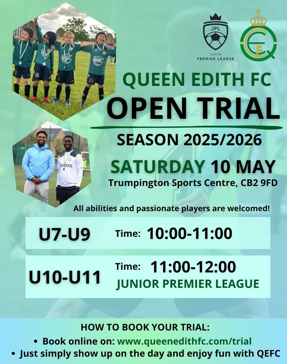 CrashGK's tweet image. Is your child looking for a new team to join in Cambridge? DM our friends at Queen Edith FC! Open trials for kids aged 7-11 May 10th at Trumpington Spirts Centre