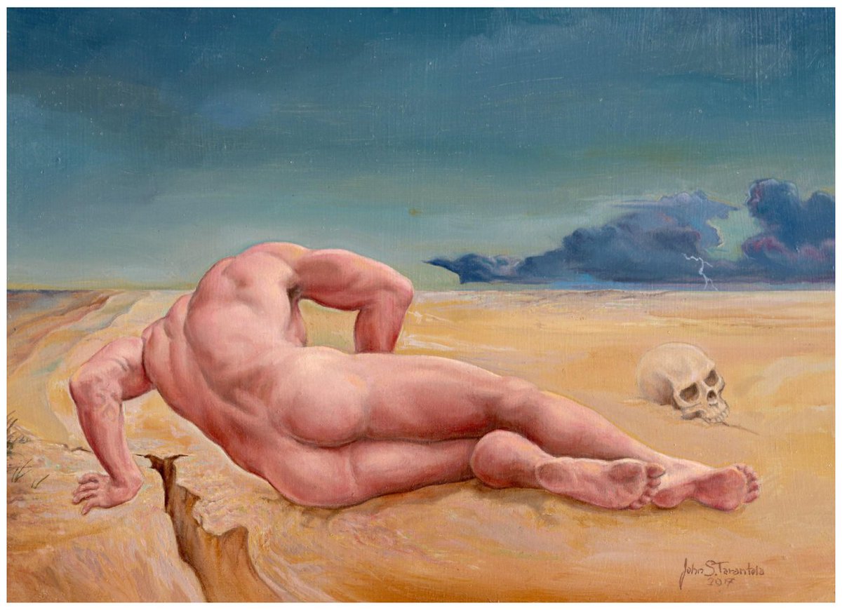 Fallen (Oil on Panel) by John Tarantola, 2017.

John Tarantola's original nude portrait 'Fallen' is a beautiful surrealist oil on panel painting that depicts an athletic nude male figure crawling forward weary through a desolate desert, towards a distant storm. A skull rests to