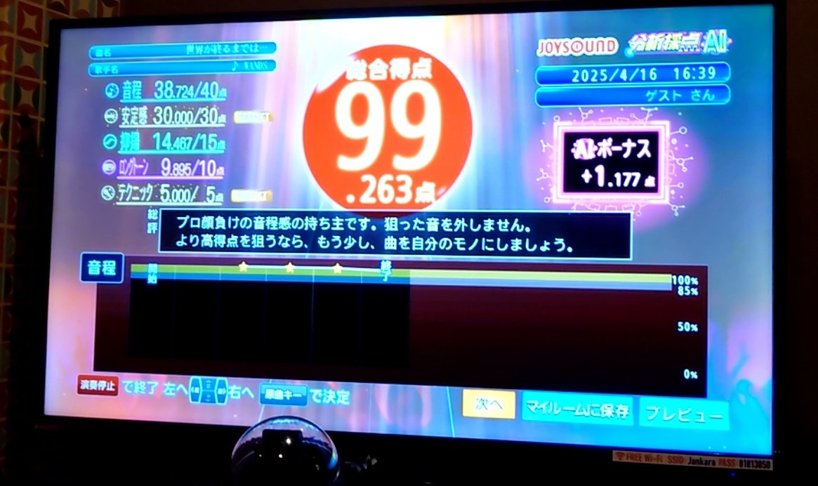 JOY初の99点！
JOY変な歌い方しないと点とれないの嫌だな