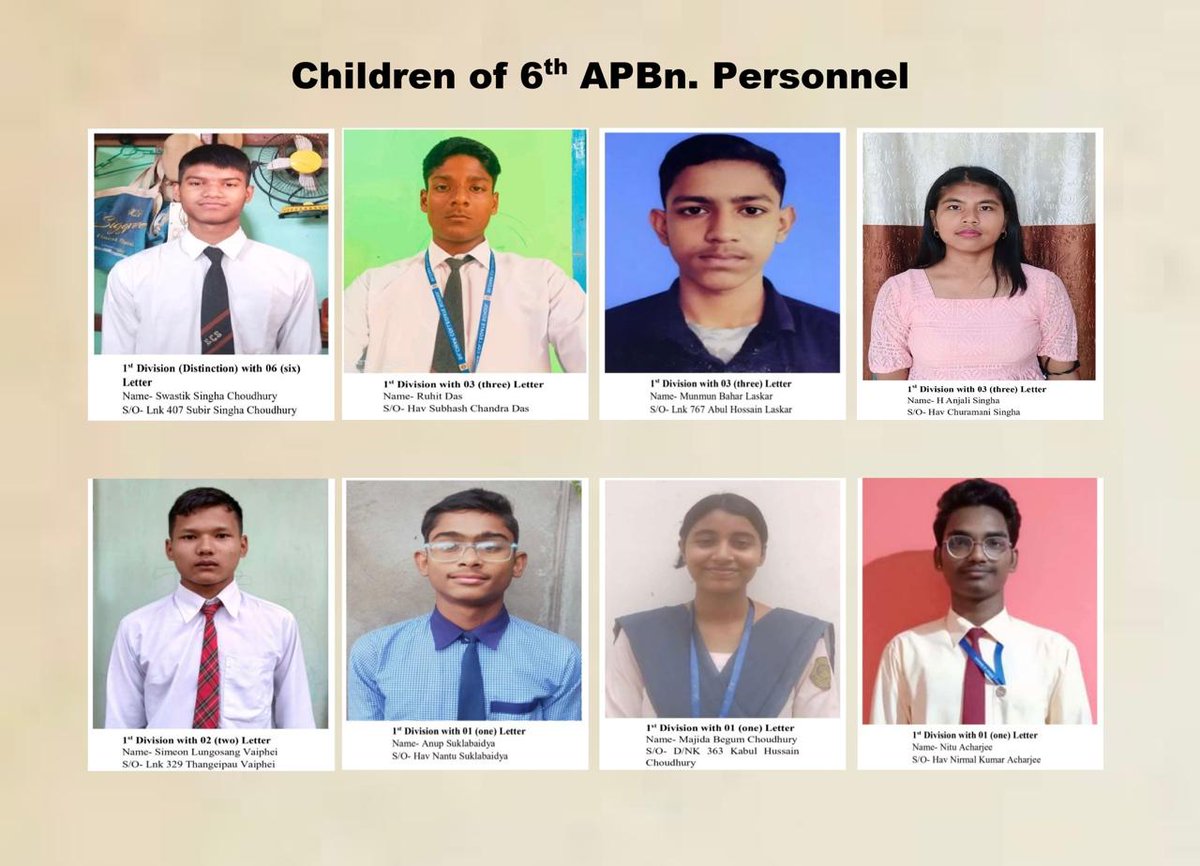 6thAPBn's tweet photo. Congratulations to the 6th APBn personnel as their children pass with flying colours in HSLC exam 2025. Kudos also to the teachers of VBS, 6th APBN for their hard work.
We wish them a bright future.
@CMOfficeAssam 
@HardiSpeaks 
@KangkanJSaikia 
@assampolice https://t.co/KrIcDyPu8B