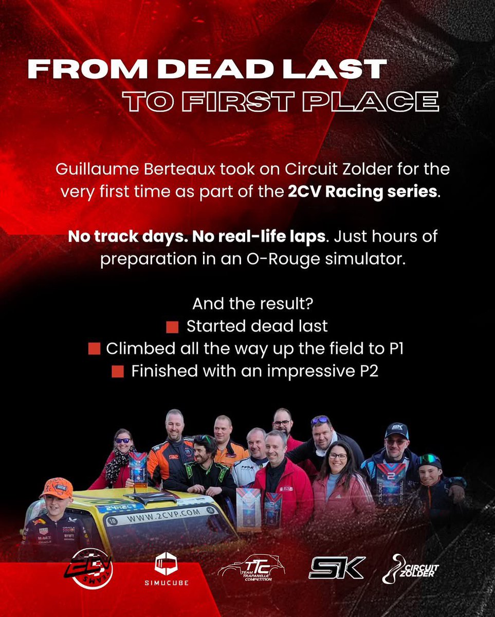 🏁 From simulator to podium 🏆

What if virtual training could truly make the difference on a real track?

Our client @solognekarting took on <a href="/CircuitZolder/">Circuit Zolder</a> for the very first time as part of the 2CV Racing Series. No track days. No real-life laps. Just hours of preparation in an
