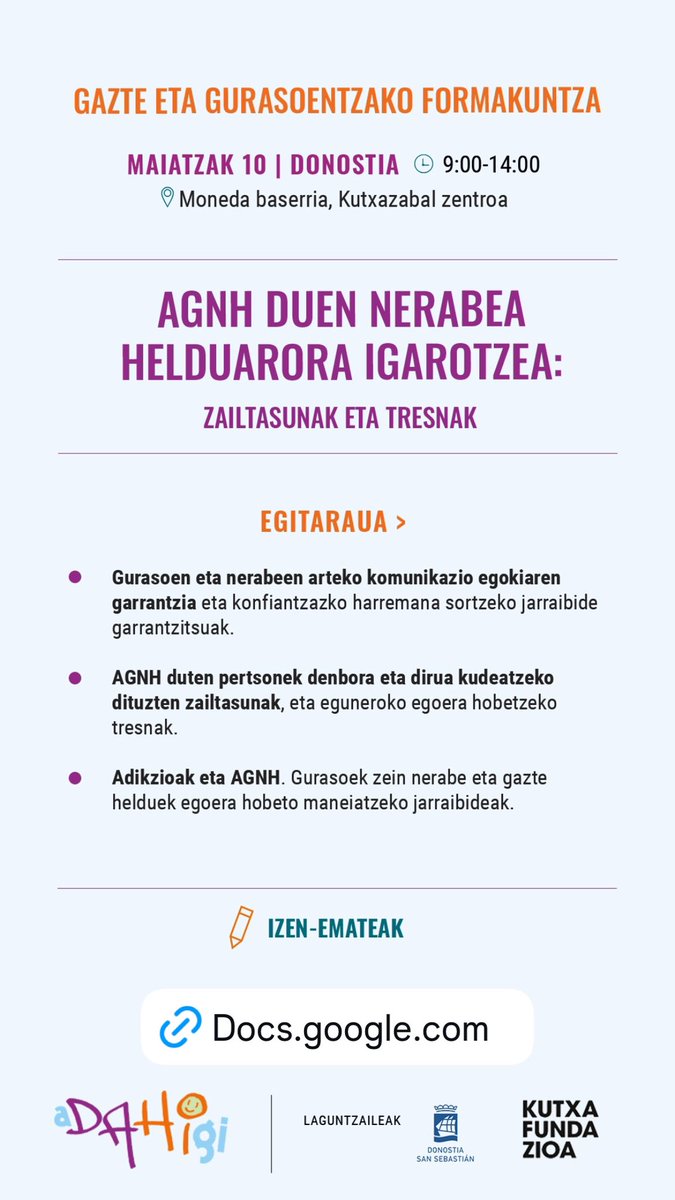 XV JORNADA ADAHIGI…te esperamos. 
#TDAH 
#JOVENESTDAH
#TDAHADICCIONES
#TDAHPADRESMADRES
<a href="/EibarkoUdala/">Eibarko Udala</a> 
<a href="/ArrasatekoUdala/">Arrasateko Udala</a> 
<a href="/lezoudala/">Lezoko Udala</a> 
<a href="/Ordiziako_Udala/">Ordiziako Udala</a> 
<a href="/tolosaudala/">Tolosako Udala</a> 
<a href="/DonostiakoUdala/">Donostiako Udala</a> 
<a href="/ZarauzkoUdala/">Zarauzko Udala</a> 
<a href="/BergarakoUdala/">Bergarako Udala</a> 
<a href="/AndoaingoUdala/">Andoaingo Udala</a> 
<a href="/HerriBizia/">Errenteria Herri Bizia</a> 
Mila esker <a href="/kutxafundazioa/">Kutxa Fundazioa</a>