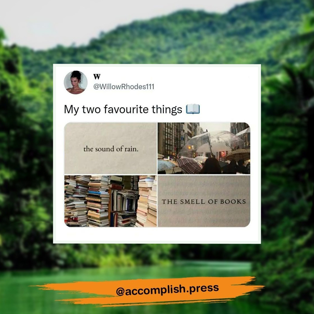 AccomplishPress's tweet image. 🌧️📖

#creativewriting #creativewritingcourse #creativewritingacademy #aspiringauthor #aspiringwriter #writingtips #writingcourse #writingcommunity #indieauthor #selfpublishing #accomplishpress #writewithtolulope #booktweets #funnytweet