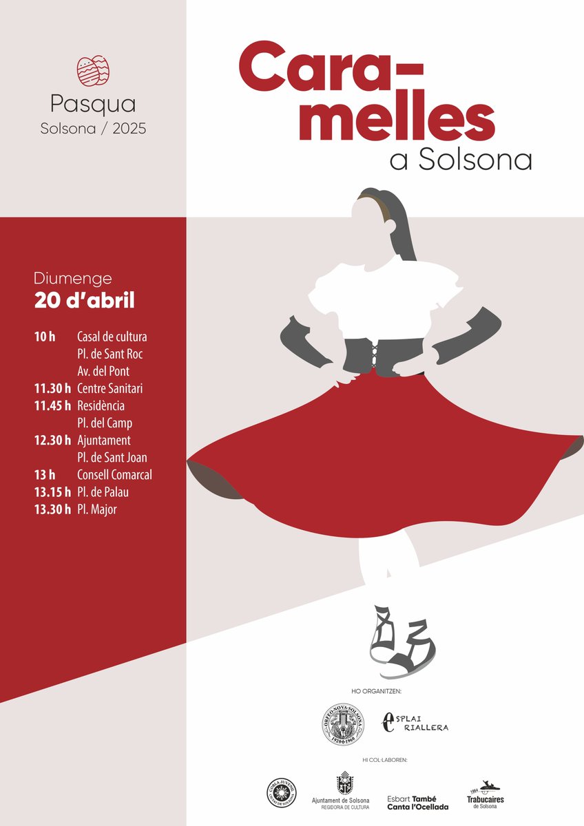 🎶 Aquest Diumenge de Pasqua (20 d’abril), Solsona canta i balla amb les Caramelles!

Sortida a les 10 h des del Casal amb l’Orfeó, Esplai Riallera, Esbart També canta l'ocellada, Cobla i molts més!

📍Parades a places i institucions de la ciutat.

#CaramellesSolsona #Pasqua2025
