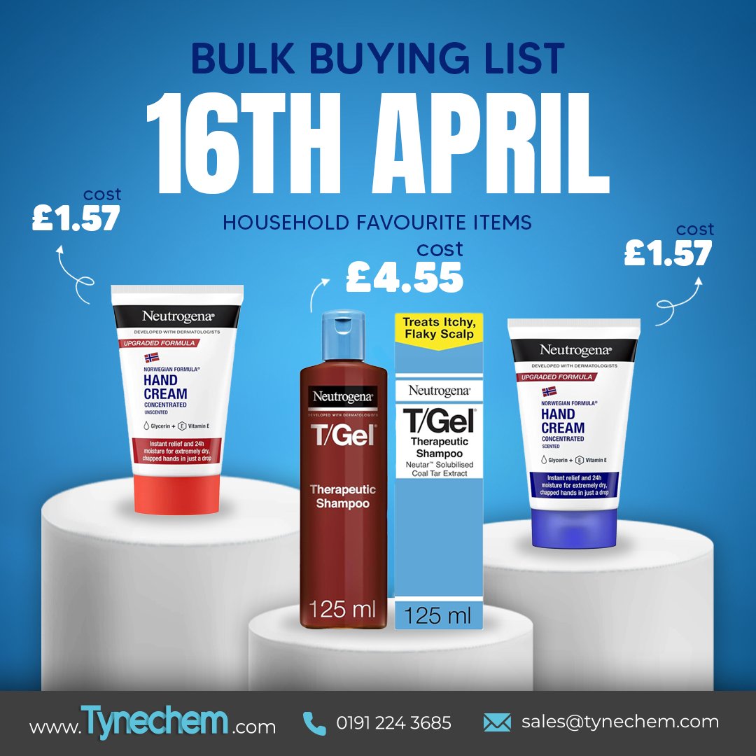 📦 Our 16th April Bulk Buying List is out now!  Check out some of our Neutrogena range below and download the full list to get your orders in.  

Perfect for pharmacies and shops looking to stock up on trusted skincare.  

tynechem.com/wp-content/upl…