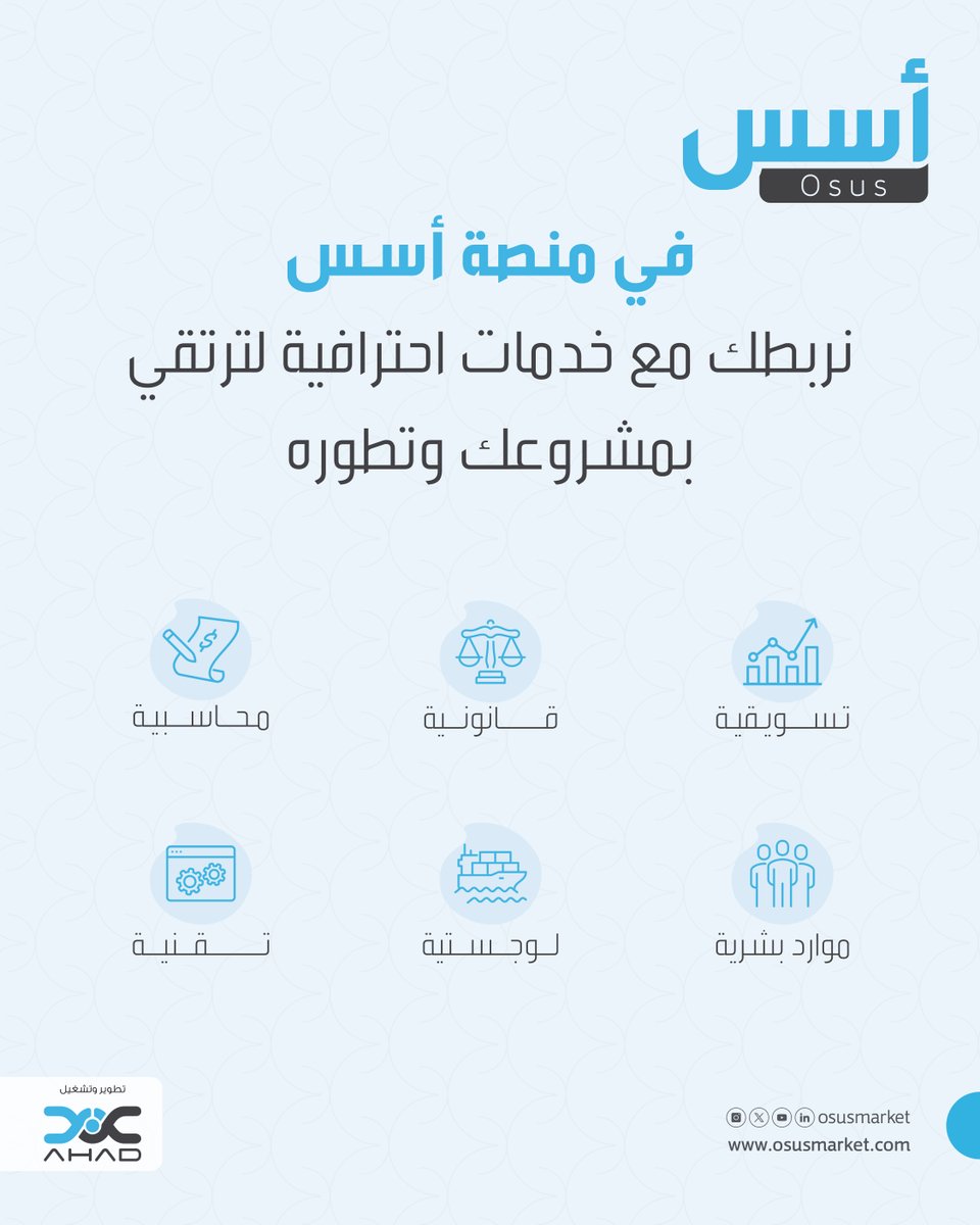 لا هوية تجارية بلا تسويق، ولا تسويق بلا تقنيات حديثة وسياسات قانونية، لتحقيق النجاح الاستثنائي لابد من #منصة_أسس 💫

اطلب خدمتك الآن عبر: osusmarket.com