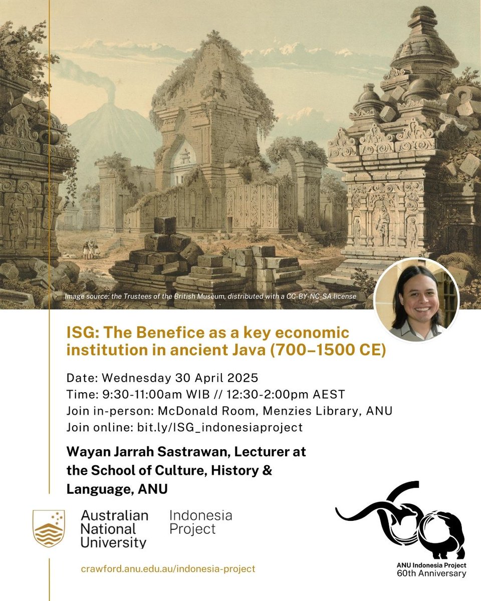 Join Jarrah Sastrawan for the next ISG as he will present 'The benefice as a key economic institution in ancient Java (700-1500 CE). Wed, 30 Apr| 9:30am WIB//12:30pm AEST| In-person at McDonald Room, Menzies Library, ANU, or online: bit.ly/ISG_indonesiap….