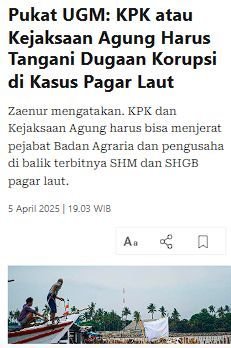 Zaenur : KPK dan Kejaksaan Agung harusnya bisa menjerat pejabat yg menerbitkan SHM dan SHGB Pagar Laut !!!

Masalahnya Mereka lagi sibuk Ngurusin RUU Kejaksaan yg katanya mau di sahkan 😩
.
Tolak RUU Kejaksaan ✊🏻 
.
.
.
...
Seger Pengaruh Siang Panas Roy Suryo Ngeri
