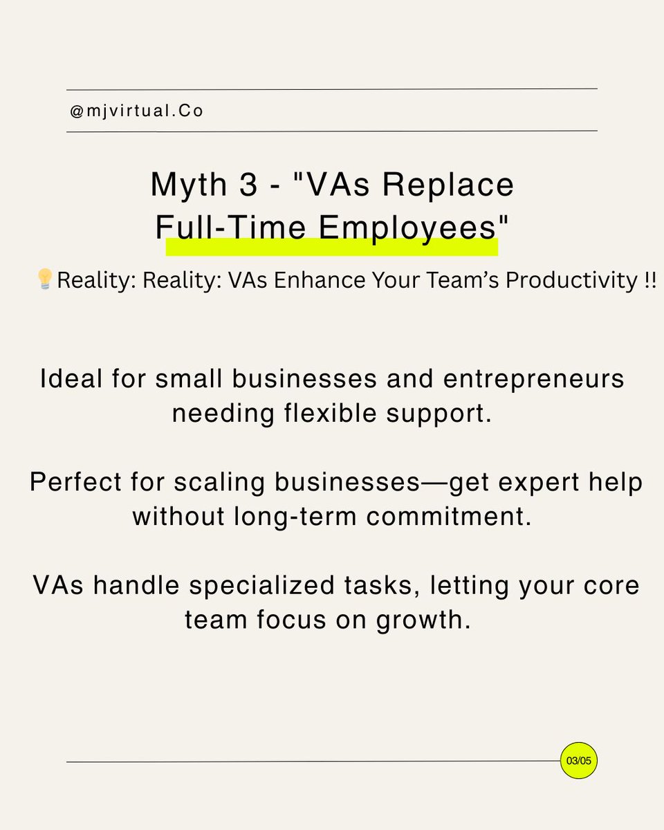 mjvirtualCo's tweet photo. Title: "Common Myths About Virtual Assistants"
#VirtualSupport #MythsBusted #BusinessGrowth #FreelanceLife #mjvirtualco #virtualassistant #virtualservices https://t.co/mqcj8FRgLA