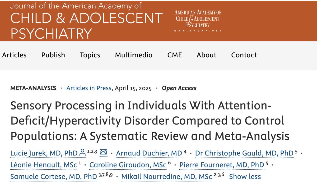 Samuele Cortese (@cortesesamuele) on Twitter photo A pleasure to collaborate with <a href="/JurekLucie/">Lucie Jurek</a> and colleagues on this meta-analysis in <a href="/JAACAP/">JAACAP Journals</a>
jaacap.org/article/S0890-…
#sensory #processing "should be systematically explored in the evaluation of children and adults referred for #ADHD" A pleasure to collaborate with <a href="/JurekLucie/">Lucie Jurek</a> and colleagues on this meta-analysis in <a href="/JAACAP/">JAACAP Journals</a>
jaacap.org/article/S0890-…
#sensory #processing "should be systematically explored in the evaluation of children and adults referred for #ADHD"