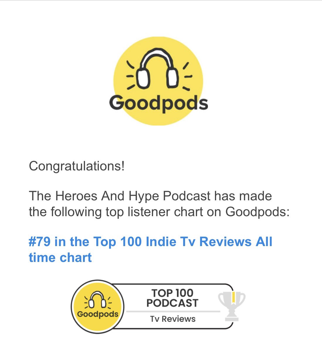 heroesandhype's tweet photo. Apparently we’re a big deal on Goodpods! 

#79 in Indie TV Reviews all-time. Cheers to the listeners who made that happen. 

Not-so-humble brag: we’ll take it.

Thanks to @GoodpodsHQ too for the love!
#Podcast https://t.co/v17c2d5qMY