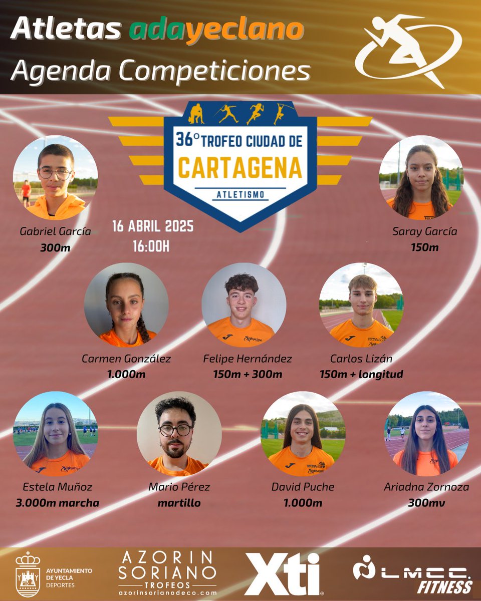 AGENDA 16-04-2025
36º Trofeo Ciudad de Cartagena, donde viajamos con 9 atletas dispuestos a disfrutar de una de las competiciones más especiales del calendario regional.

<a href="/AytoYecla/">Ayuntamiento de Yecla</a> 
<a href="/XTIshoes/">XTI</a>  
<a href="/LmccYecla/">LmccFitnessYecla</a>  

#adayeclano #atletismo #trofeociudaddecartagena