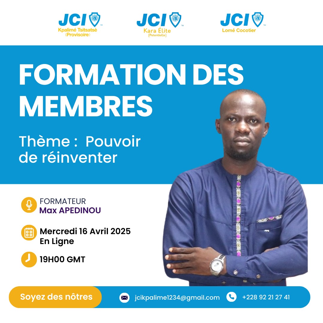 Rejoignez-nous pour une  #formation inédite sur le   #pouvoir de se #réinventer.
📅 Date : 16 avril 2025
⏲️ Heure : 19h
📖 Thème :Pouvoir de se réinventer
❇️ Formateur : Max APEDINOU
🎯 Lieu : Google Meet (lien : meet.google.com/uzj-njhx-oin
#jci #JCIKARAELITE