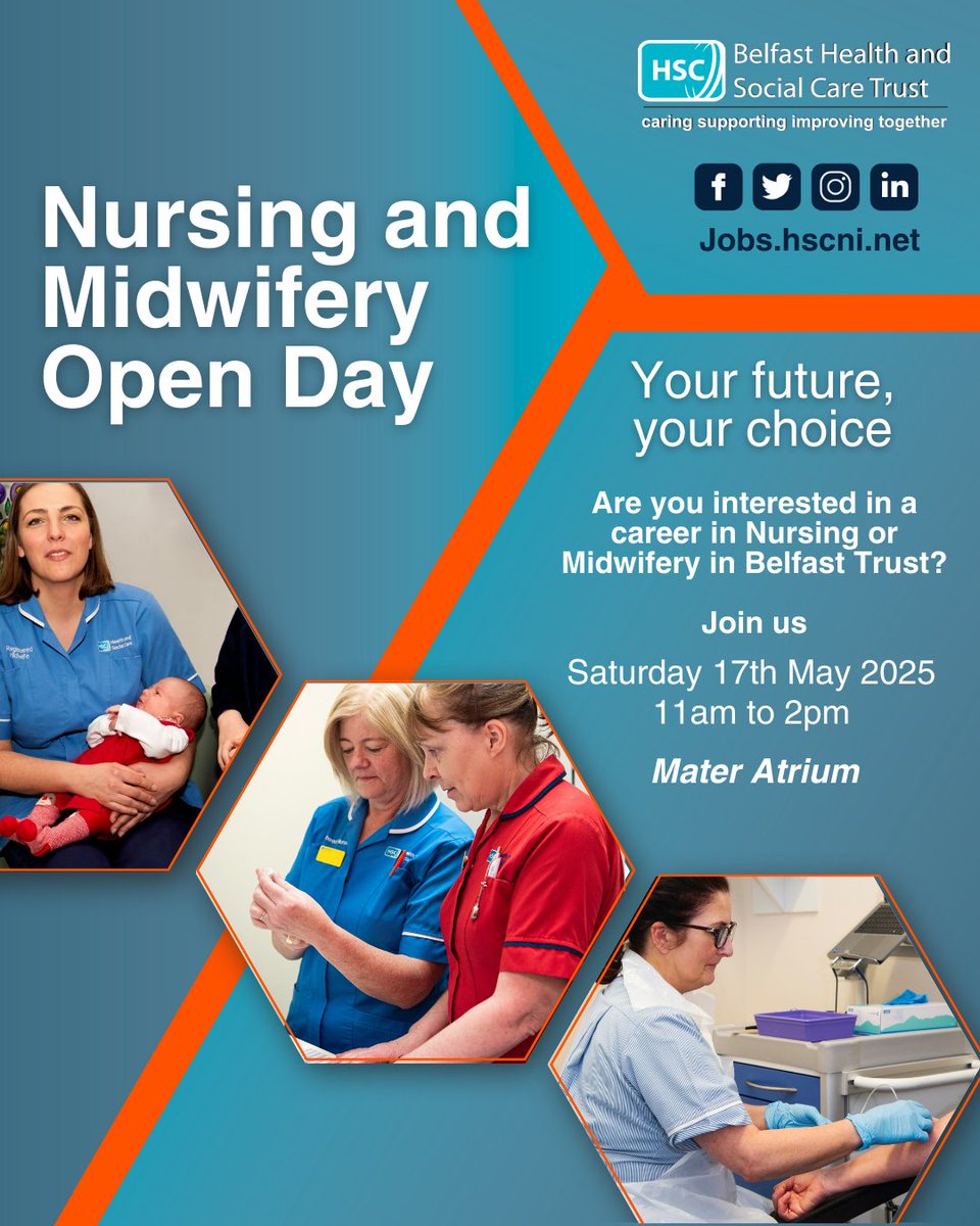Belfast Trust (@belfasttrust) on Twitter photo Interested in a career in Nursing or Midwifery? 👨⚕️👩⚕️
Join us at our Open Day where you can come and meet with staff who will answer your questions.
Free car parking available on the day.
More info:
📧jill.armstrong@belfasttrust.hscni.net
📧lisa.surginor@belfasttrust.hscni.net Interested in a career in Nursing or Midwifery? 👨⚕️👩⚕️
Join us at our Open Day where you can come and meet with staff who will answer your questions.
Free car parking available on the day.
More info:
📧jill.armstrong@belfasttrust.hscni.net
📧lisa.surginor@belfasttrust.hscni.net