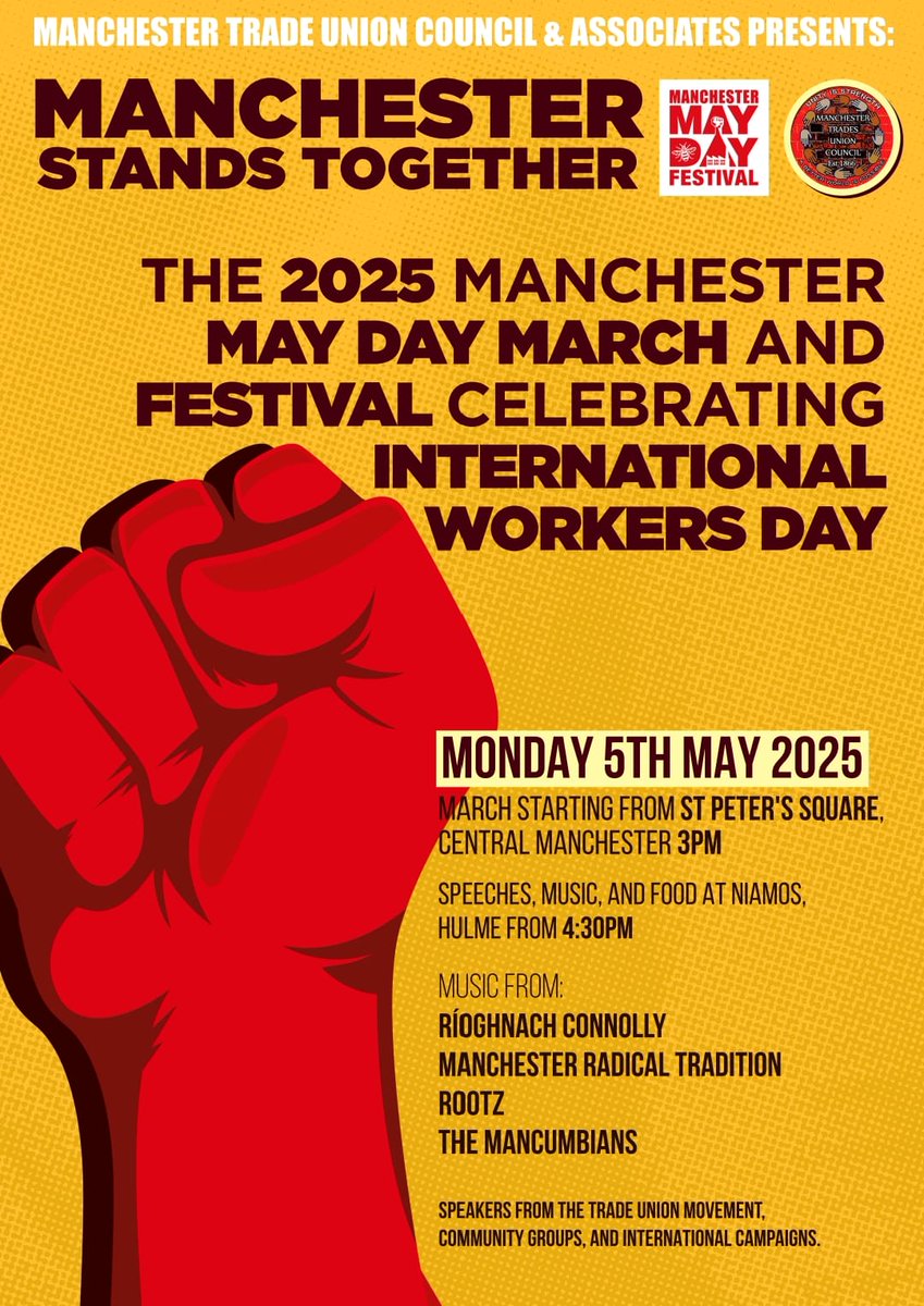 Manchester TUC (@tucmanchester) on Twitter photo 📣MANCHESTER STANDS TOGETHER📣
Workers of the world unite - we have nothing to lose but our chains.
Join us on Monday 5th May 3pm
Assemble St Peters Square
March to Niamos in Hulme for speakers, food and music
#Palestine #LGBTQIA #MANCHESTER
<a href="/AntiRacismDay/">Stand Up To Racism</a> <a href="/GMSTWC/">GM Stop the War Coalition</a> 📣MANCHESTER STANDS TOGETHER📣
Workers of the world unite - we have nothing to lose but our chains.
Join us on Monday 5th May 3pm
Assemble St Peters Square
March to Niamos in Hulme for speakers, food and music
#Palestine #LGBTQIA #MANCHESTER
<a href="/AntiRacismDay/">Stand Up To Racism</a> <a href="/GMSTWC/">GM Stop the War Coalition</a>