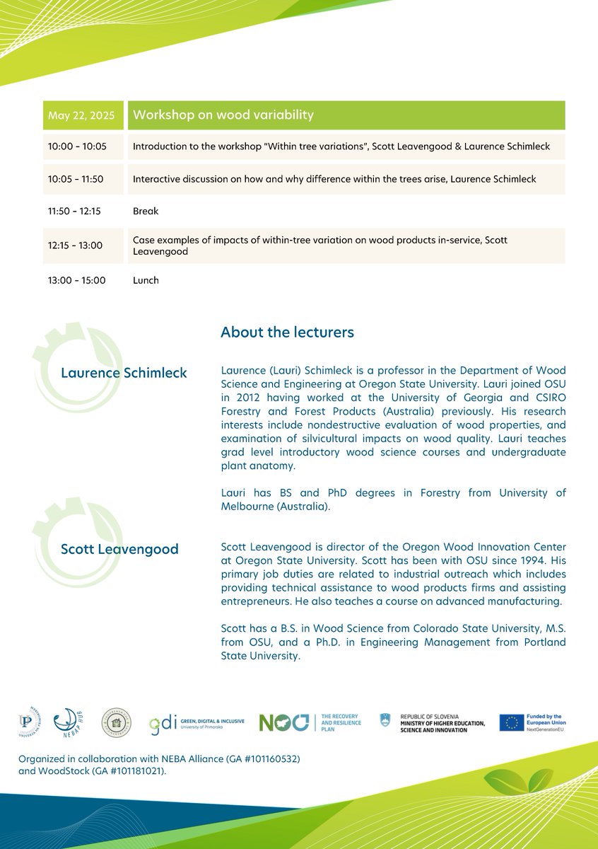 InnoRenew CoE (@innorenewcoe) on Twitter photo 📣 You're invited to a Wood Science beyond Europe workshop!
📆 20-22 May 2025
📍<a href="/innorenewCoE/">InnoRenew CoE</a>
3-day workshop »Wood Science beyond Europe« featuring Dr. Laurence Schimleck & Dr. Scott Leavengood from <a href="/OregonState/">Oregon State University</a>
Register until 9 May 2025. ➡️forms.office.com/e/u9iHdWinMh #InnoRenew 📣 You're invited to a Wood Science beyond Europe workshop!
📆 20-22 May 2025
📍<a href="/innorenewCoE/">InnoRenew CoE</a>
3-day workshop »Wood Science beyond Europe« featuring Dr. Laurence Schimleck & Dr. Scott Leavengood from <a href="/OregonState/">Oregon State University</a>
Register until 9 May 2025. ➡️forms.office.com/e/u9iHdWinMh #InnoRenew