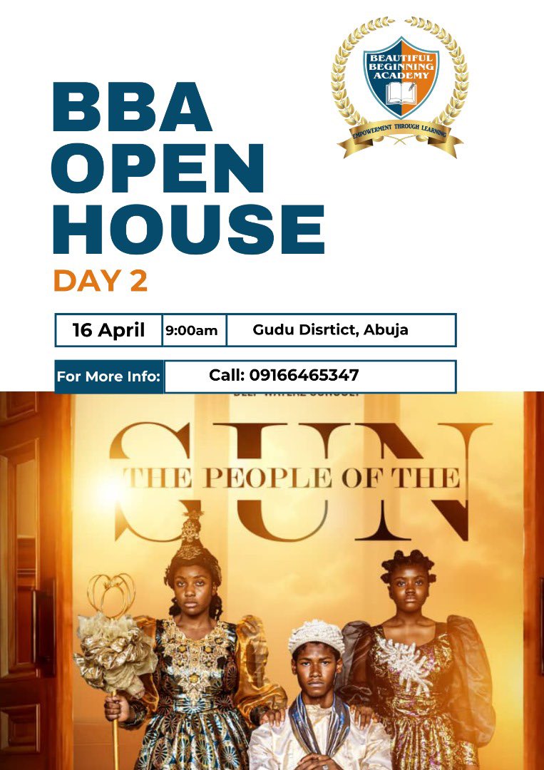 BBAchampions's tweet photo. DAY 2 is HERE!
Join us at Beautiful Beginning Academy for an unforgettable Open House experience 

Date: 16th April
Time: 9:00 AM
Location: Plot 1287 Bamanga Street, Off Adesoji Aderemi Street, Gudu District, Abuja.

#Beautifulbeginningacademy
#Bbaopenhouse https://t.co/xxw4vNZgXg