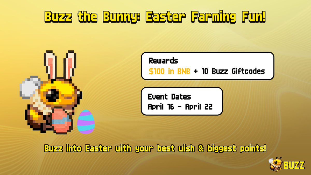 🥚Buzz the Bunny: Easter Farming Fun!

 🍯Rewards: $100 in BNB + 10 Buzz Giftcodes

 How to Participate:
 • Follow @Buzzweb3_
 • Like &amp; Retweet this post
 • Share your Buzz Points from the app + Easter wishes for BUZZ

 📅 April 16 – April 22