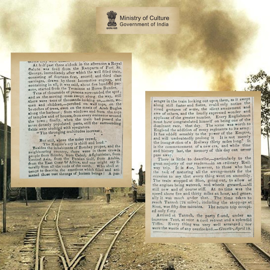 #OnThisDay in 1853, the first passenger train journey in India was inaugurated between Bori Bunder (Now Mumbai) &amp; Thane. 
This is a newspaper article published in the 'Madras Examiner' dated April 29, 1853 describing the historic event that changed the course of History.