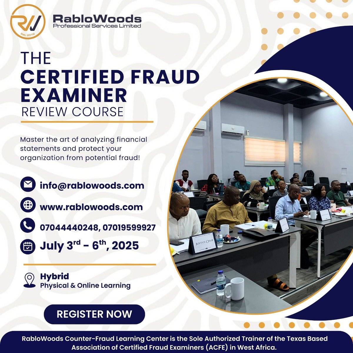 Ready to level up your career?
Join our Certified Fraud Examiner (CFE) course – July 3–6, 2025!
Perfect for pros in finance, IT, law, compliance &amp; more.
Learn. Grow. Get Certified.
Register: rablowoods.com/register
📞 07044440248 
#CFE #Rablowoods #AntiFraud #CareerGrowth