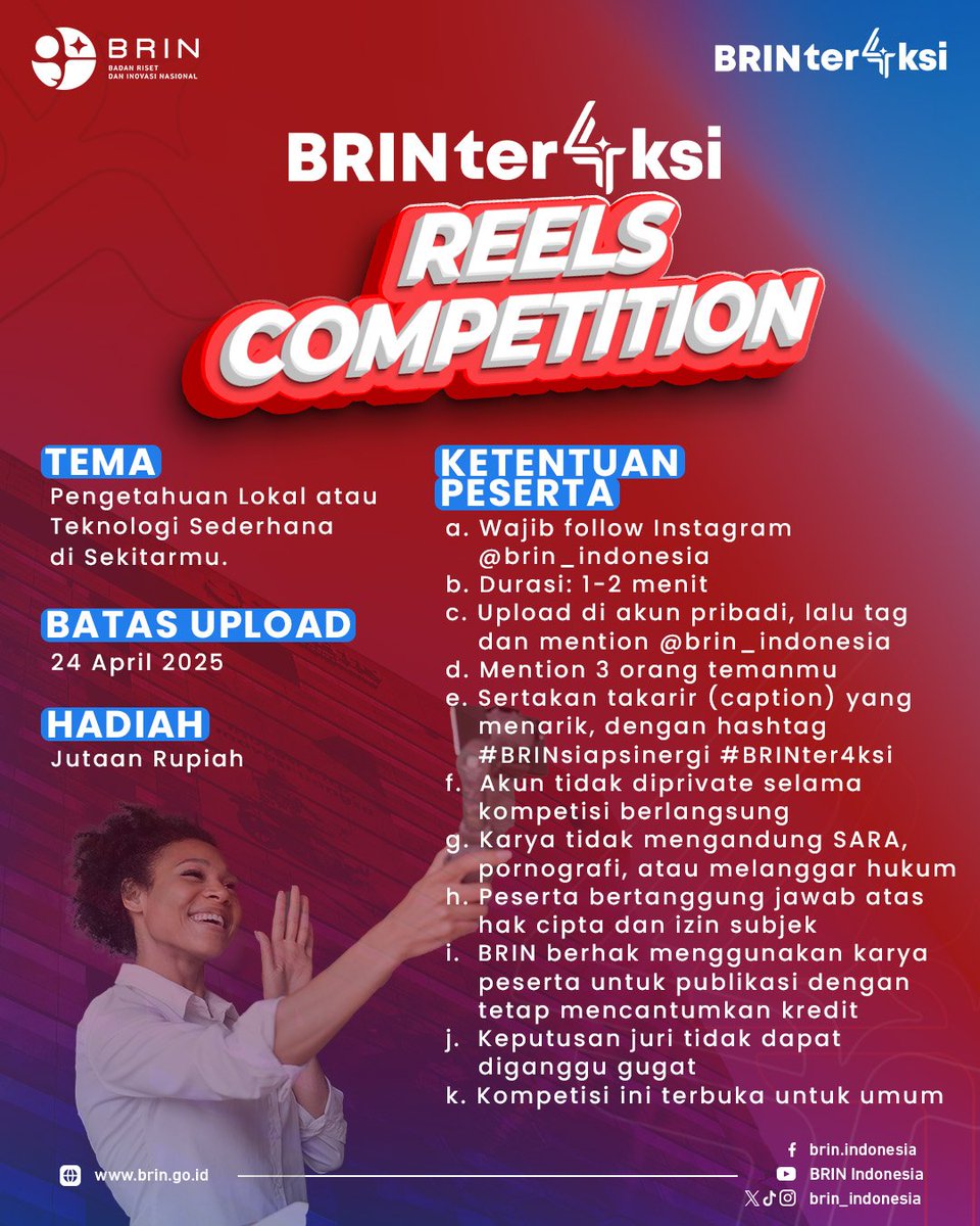 BRIN yang ulang tahun, kamu yang dapet hadiahnya! 🫵 

Hai Hai #KawanBRIN 🙌
Keseruan BRINter4ksi datang lagi nih.🤩🥳
Yuk, ikuti kompetisi keren buat kamu yang suka bikin konten, punya ide inovatif, atau mau nunjukin semangat ilmiah kalian! 

Apa aja nih kompetisinya?
📝
