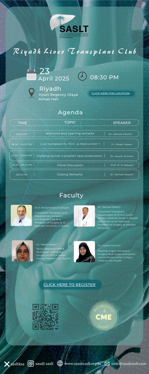 ترحب بكم الجمعية في ندوة الرياض الدورية لأمراض وزراعة الكبد المقامة يوم الأربعاء23/4/2025
 الساعة ٨:٣٠  مساءً في فندق حياة ريجنسي العليا قاعة الماس.

SASLT welcomes you to attend Riyadh Liver Transplant Club on  23/4/2025 from 8:20 pm at Hyat regency  Olya hotel at meeting room
