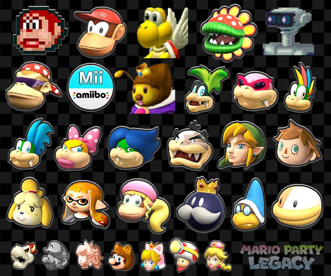 Donkey Kong Jr. Diddy Kong, Paratroopa, Petey Piranha, ROB, Funky Kong, Mii, Honey Queen, Iggy, Roy, Lemmy, Larry, Wendy, Ludwig, Morton, Link, Villager, Isabelle, Inkling, Dixie Kong, King Bob-omb, Kamek, Poochy, Dry Bowser, Metal Mario, Pink Gold Peach, Tanooki Mario, Cat Peach, Captain Toad, Peachette