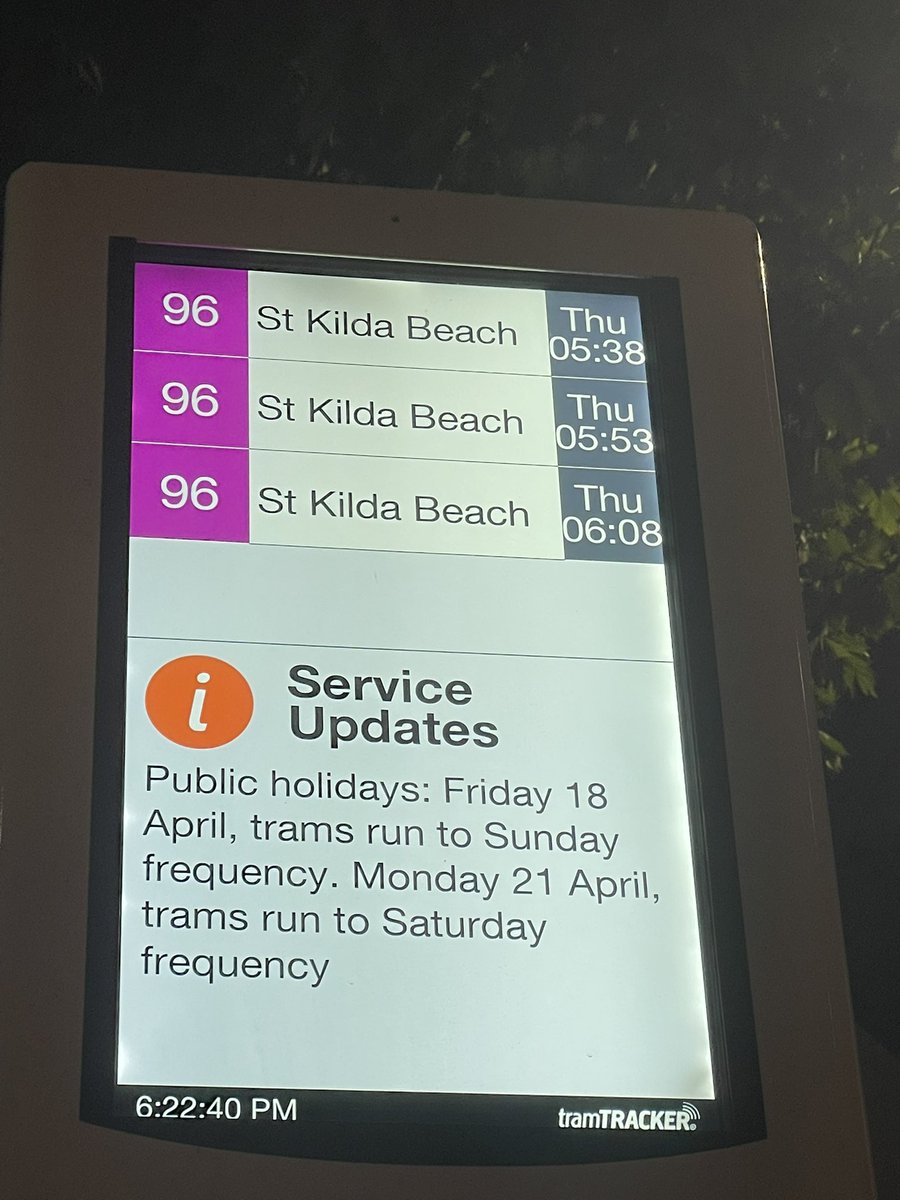 gogogrrrl's tweet photo. @yarratrams The display at stop 122  says there are no 96 trams towards St Kilda until Thursday, but the PTV app says there's one in 2 minutes? https://t.co/WRLxBpLJUt