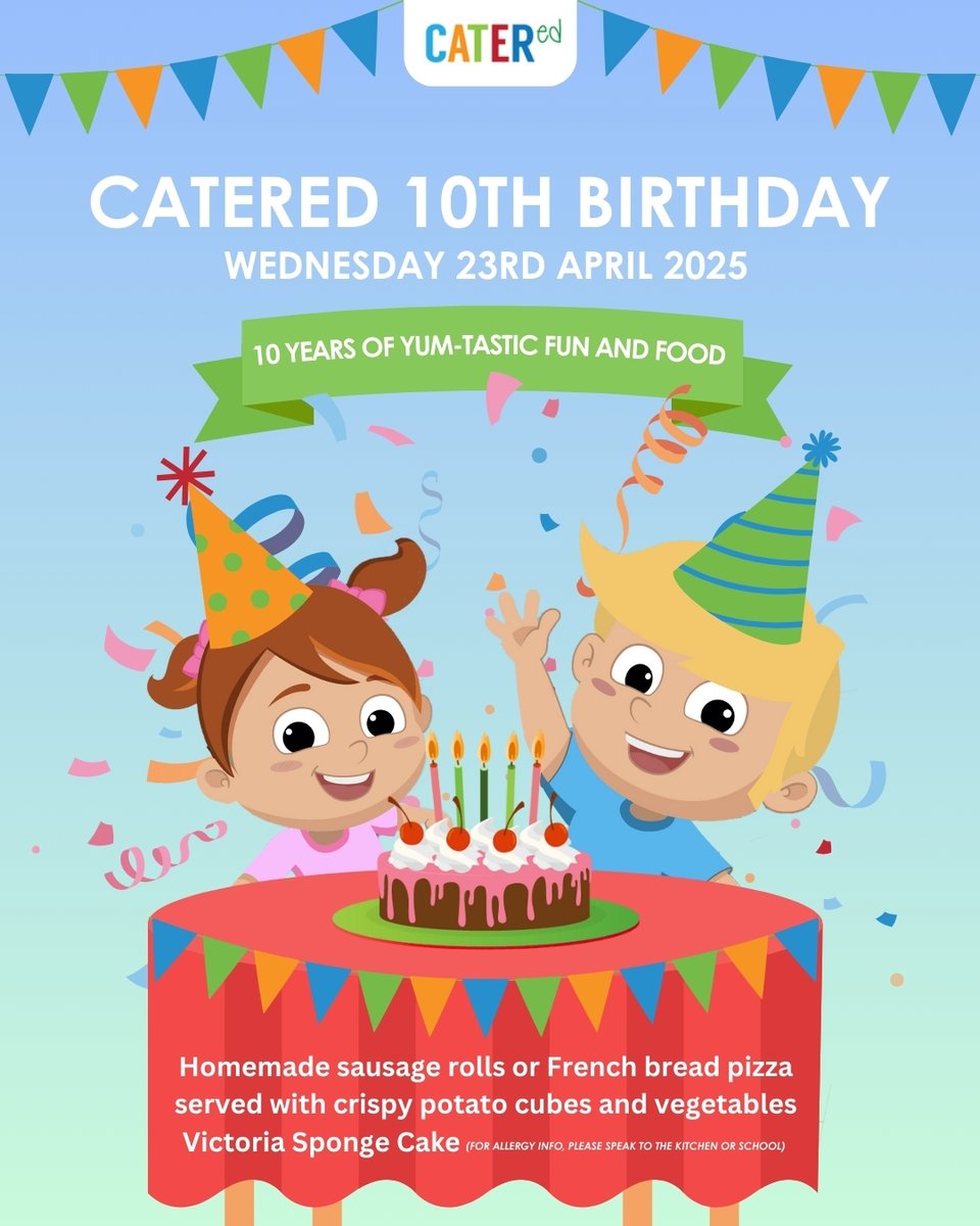🎉CATERed’s 10th Birthday Theme Day is coming up next Wednesday!

We’re celebrating 10 amazing years of serving tasty school meals with a special birthday menu

It’s a celebration you won’t want to miss! 💚 

#teamcatered #schoolmeals #plymouth #schoolcatering #catered