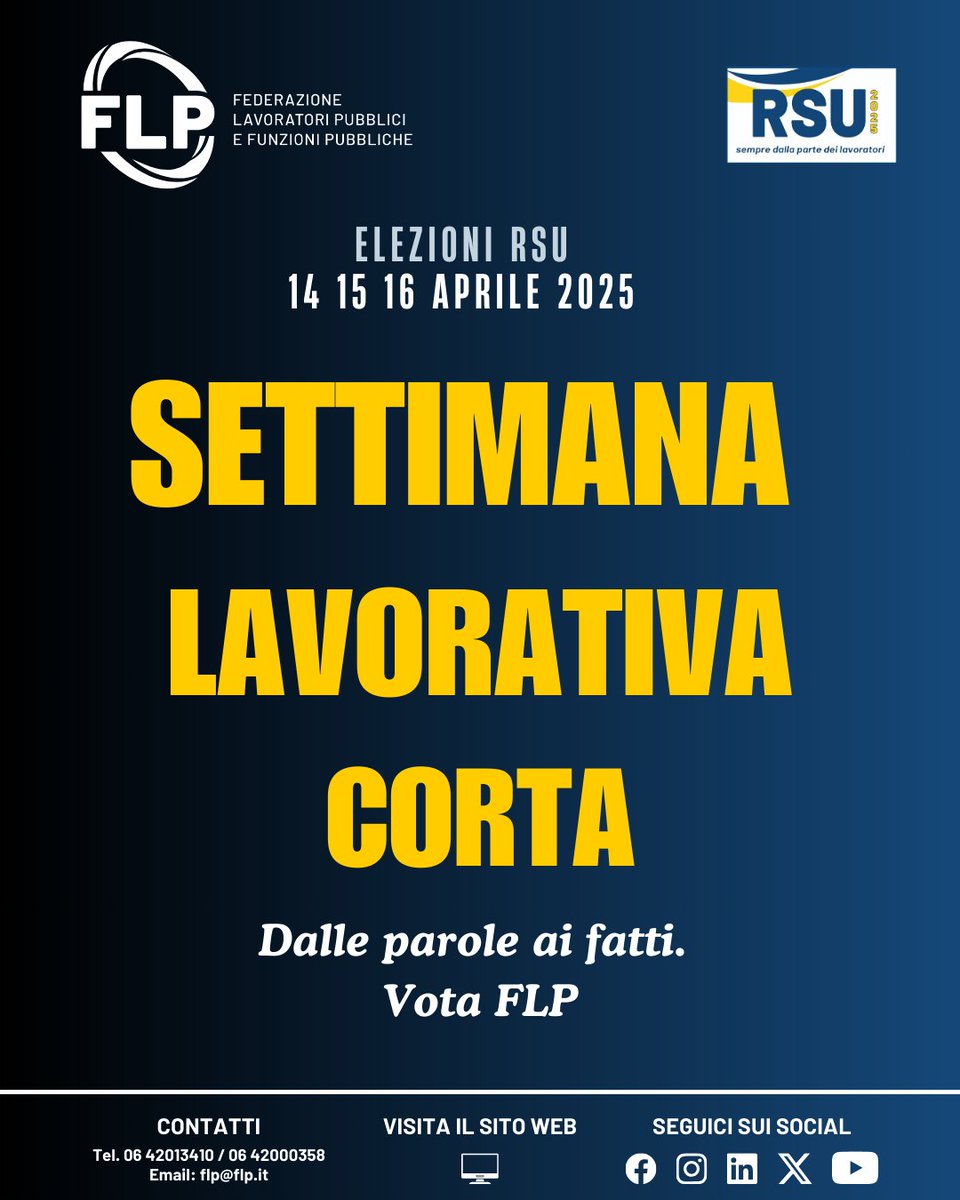 🕑 FLP ha ottenuto la settimana lavorativa corta nel CCNL 2022-2024: quattro giorni alla settimana per i lavoratori pubblici
🚀 Un passo decisivo verso una PA più moderna e flessibile
🗳️ Vota FLP alle elezioni RSU 2025.
Oggi è l’ultimo giorno utile 👉🏼flp.it