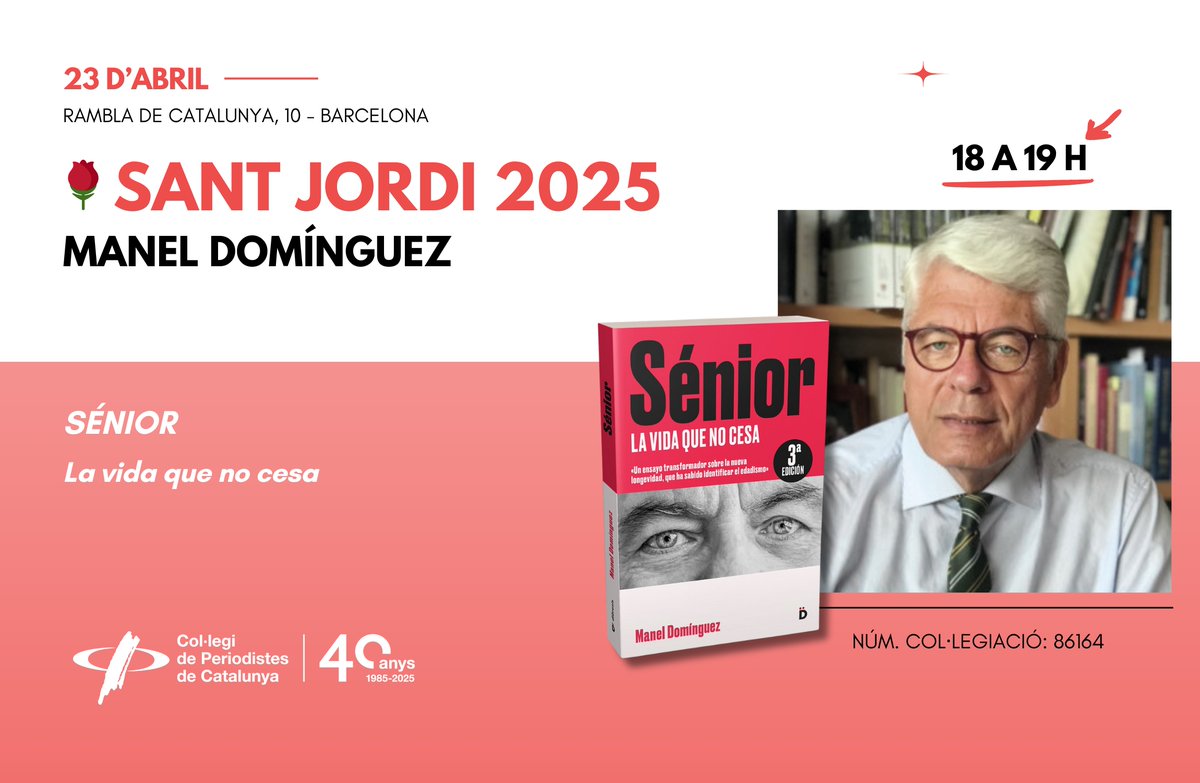 📚Signatura de llibres #SantJordi
🕐18-19h |📍Rambla de Catalunya, 10

👉Inteligencia artificial, ética y comunicación -<a href="/Dialalluna/">Patricia Ventura</a>
👉Qui dia balla, any empeny - <a href="/eugeniaguell/">Eugènia Güell Barnils</a>
👉GRÀCIA - Jesús Conte
👉Sénior. La vida que no cesa <a href="/ManelDominguez/">Manel Domínguez Gómez PhD</a>

+info: periodistes.cat/actualitat/not…