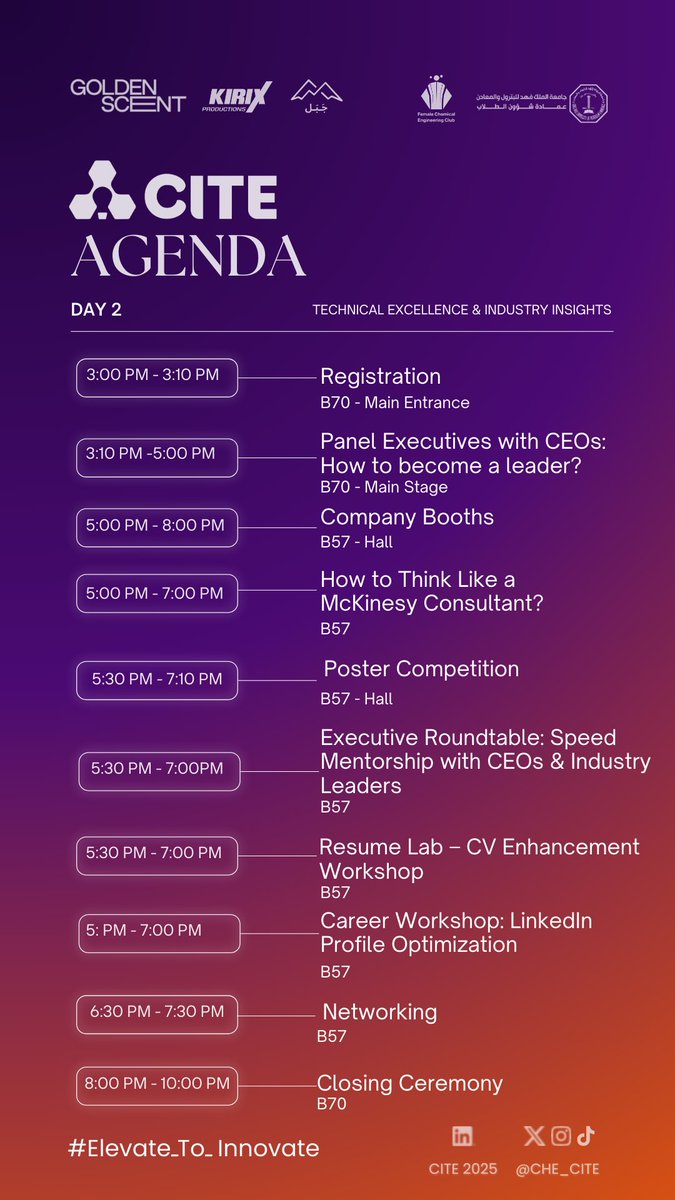 Your roadmap to Day 2 is here!
Big moments, bigger opportunities🚀

Registration link: cite-kfupm.org

#CITE #CITE2025 #Elevate_To_Innovate #KFUPM