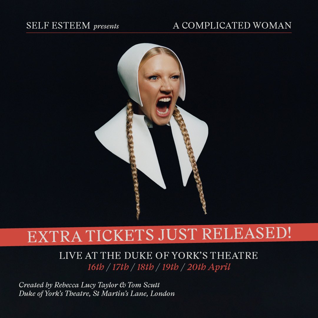 empire street (@estreetprods) on Twitter photo NEW TICKETS JUST RELEASED
<a href="/SELFESTEEM___/">Self Esteem</a> presents A Complicated Woman Live at <a href="/dukeofyorksLDN/">Duke of York's Theatre</a>.
Plus 14x £10 standing tickets released at 12pm each day, in person at the Box Office.
Prioritise pleasure and book now.
atgtickets.com/shows/self-est… NEW TICKETS JUST RELEASED
<a href="/SELFESTEEM___/">Self Esteem</a> presents A Complicated Woman Live at <a href="/dukeofyorksLDN/">Duke of York's Theatre</a>.
Plus 14x £10 standing tickets released at 12pm each day, in person at the Box Office.
Prioritise pleasure and book now.
atgtickets.com/shows/self-est…