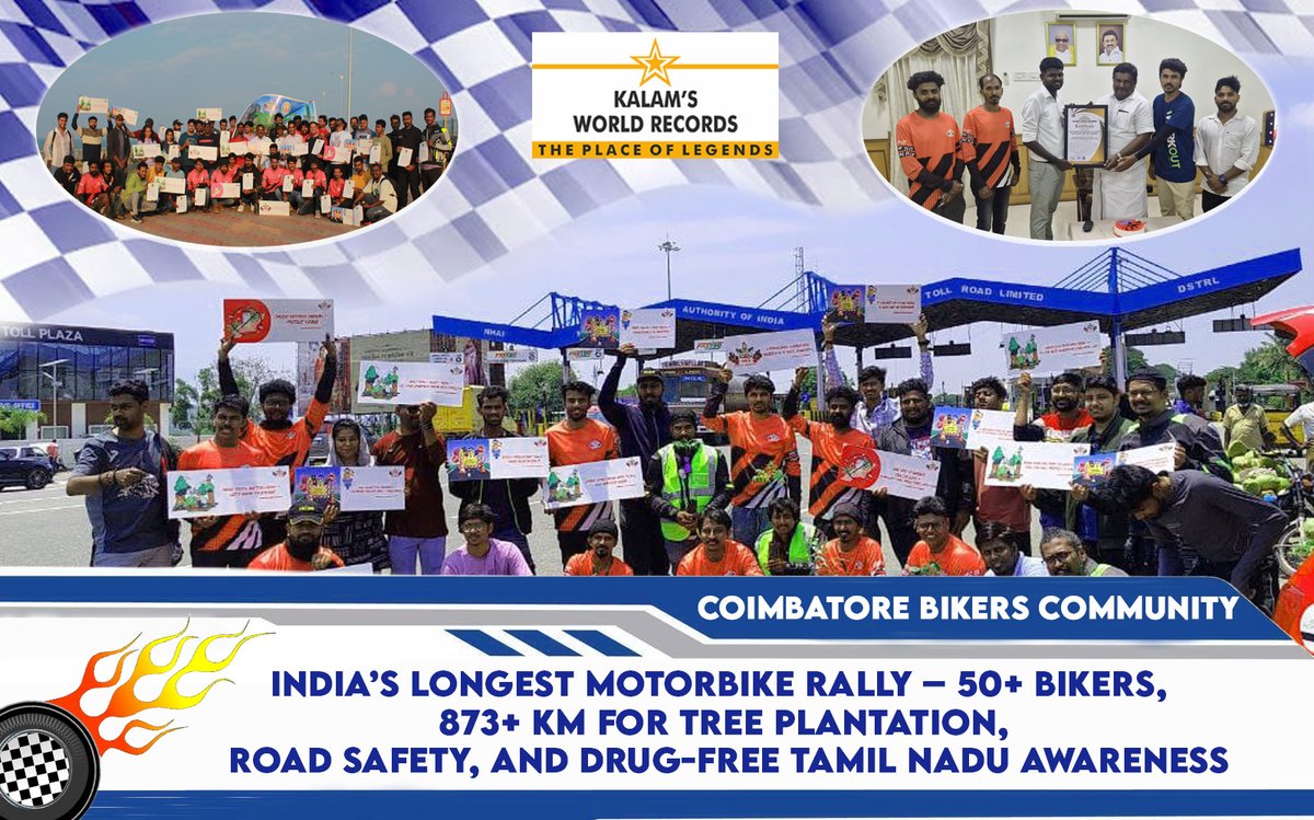 K_B_O_R's tweet photo. ✨🏅🏁🏍️INDIA’S LONGEST MOTORBIKE RALLY – 50+ BIKERS, 873+ KM FOR TREE PLANTATION, ROAD SAFETY, AND DRUG-FREE TAMIL NADU AWARENESS🤝
CONGRATULATIONS:  COIMBATORE BIKERS COMMUNITY 

#theplaceoflegends | #kalamsworldrecords2025 | #talented
https://t.co/dzWuLD1SQh https://t.co/y8AhJdzYg6