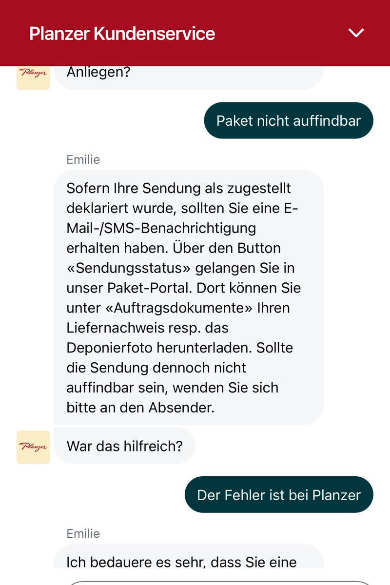 Wie immer ist ein Paket von <a href="/planzerofficial/">PLANZER</a> irgendwo deponiert und ich muss mich mit dem Chatbot abmühen und dann in der Nachbarschaft rumfragen, wo das Paket ist. Keine Ahnung warum ihr mit denen zusammenarbeitet <a href="/digitec_ch/">Digitec</a>. 100% Fehlerquote kanns ja nicht sein. Alle anderen