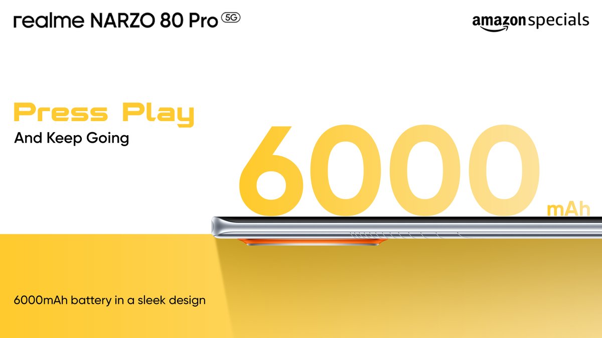 The #realmeNARZO80Pro5G isn’t just powerful — it’s built to last.

With massive 6000mAh battery, it powers gaming marathons, binge sessions, and endless scrolling — all packed into a sleek 7.55mm design. Always #ReadyToWin.

Starting from ₹17,999*

Buy Now: