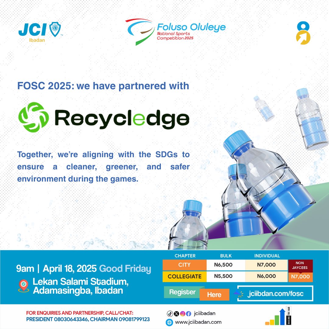 recycledge's tweet photo. Recycling just got cooler!
Drop your plastic in a Recycledge receptacle at #FOSC2025 and you could win free food items on the spot!
We’re partnering with @JCI_Ibadan to reward you for doing good.

April 18 |Lekan Salami Stadium, Ibadan

#RecycleAndWin #PlasticForFood #Recycledge https://t.co/hd87fvOMOY