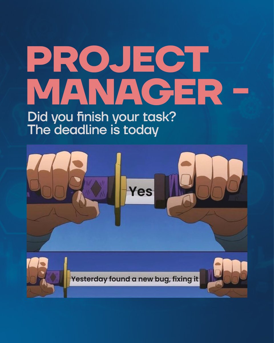 Hello project managers, can you relate?

Project deadlines have a funny way of sneaking up on you… You think you’re done, then boom! A new issue appears.

#ProjectManagement #Leadership #Memes   #projectmanagementerp #BOOKERS #readingcommunity <a href="/StevenBartlett/">Steven Bartlett</a>