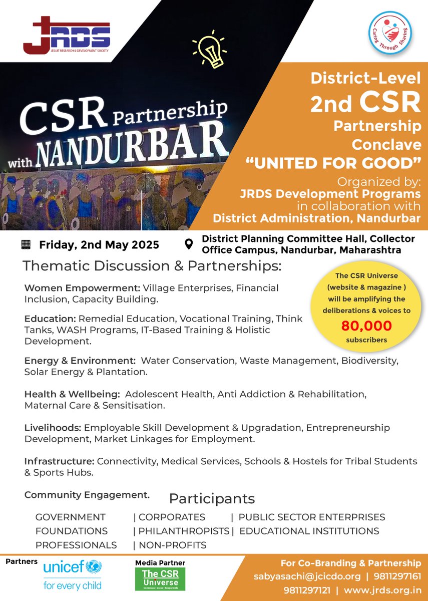 Jesuit Research and Development Society-DP (@jrds_dp) on Twitter photo Join the #Nandurbar District Administration and the <a href="/jrds_dp/">Jesuit Research and Development Society-DP</a> for the District-Level CSR Partnership Conclave "UNITED FOR GOOD" on May 2nd, 2025, in Nandurbar, #Maharashtra.
Link to #register: bit.ly/2nd-May-Nandur… Join the #Nandurbar District Administration and the <a href="/jrds_dp/">Jesuit Research and Development Society-DP</a> for the District-Level CSR Partnership Conclave "UNITED FOR GOOD" on May 2nd, 2025, in Nandurbar, #Maharashtra.
Link to #register: bit.ly/2nd-May-Nandur…
