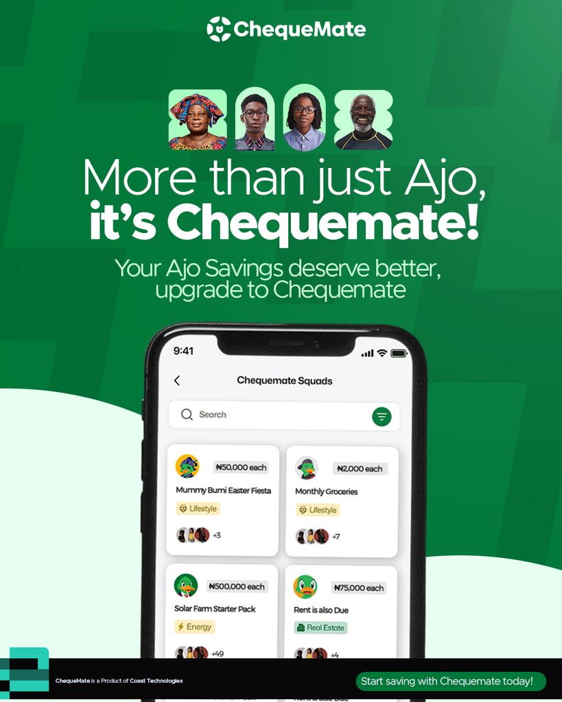 With Chequemate, you can earn as high as 20% interest on your group Ajo Savings! Hurry, download the Chequemate app now onelink.to/ncz29w and get started!