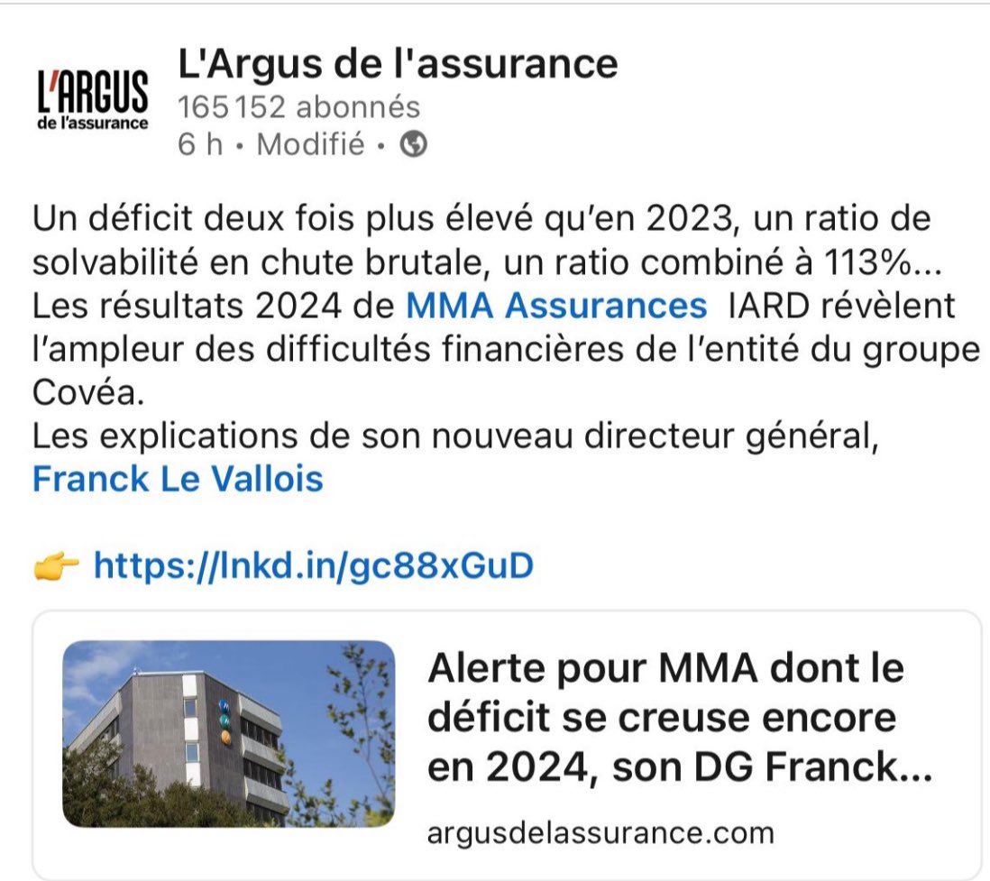Alerte pour MMA dont le déficit se creuse encore en 2024
Un déficit deux fois plus élevé qu’en 2023, un ratio de solvabilité en chute brutale. Les résultats 2024 de MMA IARD révèlent l’ampleur des difficultés financières de l’entité du groupe Covéa. #Assurances #Angers #Redon