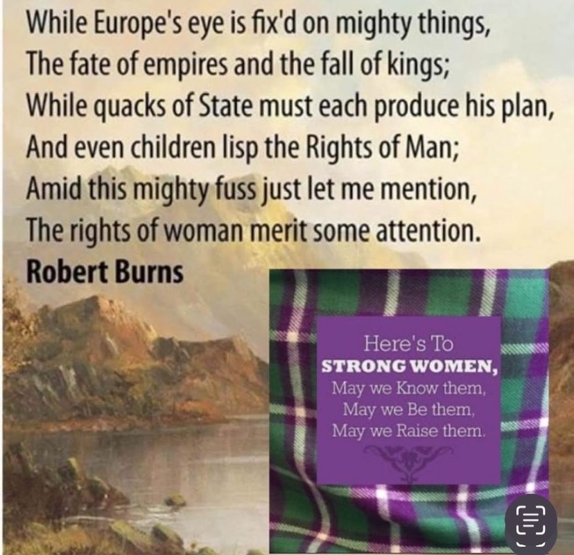 To all the women in Scotland today especially the women of <a href="/ForWomenScot/">For Women Scotland</a>  in the words of Rabbie Burns,

“The rights of woman merit some attention.” 💚🤍💜

#WeKnowWhatAWomanIs