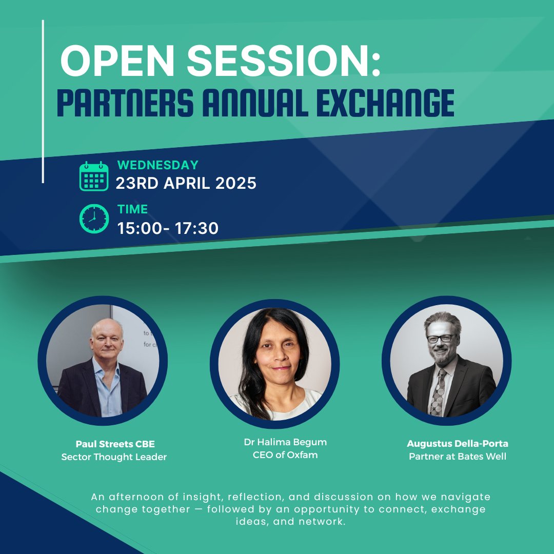 A reminder that our AGM and Partners Annual Exchange is next week with our special guest speakers <a href="/Halima_Begum/">Halima Begum PhD</a>  <a href="/PaulStreets_/">Paul Streets</a>  <a href="/AugustusDella/">Augustus Della-Porta</a>  - we look forward to seeing everyone there! #AGM