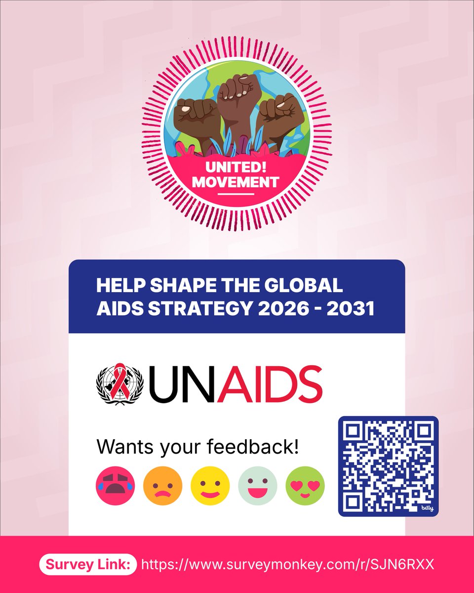 UNITED! Movement (@unitedmoveesa) on Twitter photo Young voices matter! <a href="/UNAIDS/">UNAIDS Global</a> is shaping the 2026–2031 Global AIDS Strategy and your input is key.
🗣️ Help design a strategy to end AIDS by 2030 by sharing the issues that matter to YOUth!
📋 Takes 20–30 mins to complete
🔗 surveymonkey.com/r/SJN6RXX Young voices matter! <a href="/UNAIDS/">UNAIDS Global</a> is shaping the 2026–2031 Global AIDS Strategy and your input is key.
🗣️ Help design a strategy to end AIDS by 2030 by sharing the issues that matter to YOUth!
📋 Takes 20–30 mins to complete
🔗 surveymonkey.com/r/SJN6RXX