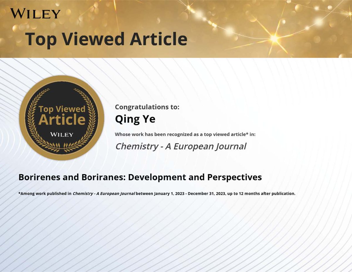 Thrilled to share that our article on borirenes and boriranes has been recognized as a Top Viewed Article. Check it out if you haven’t already onlinelibrary.wiley.com/doi/full/10.10…  #TopViewedArticle