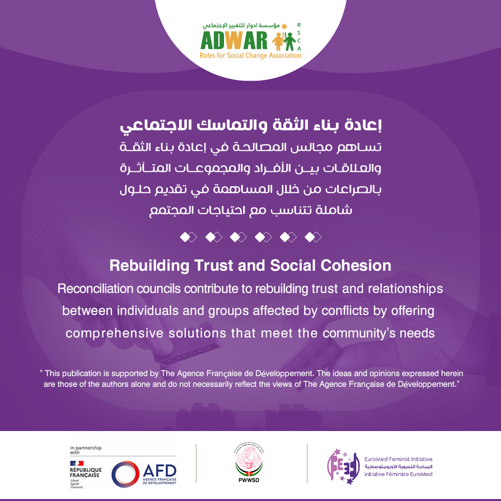 مؤسسة ادوار للتغيير الاجتماعي تستكمل إصدار  بطاقات تعريفية ضمن مشروع " تفعيل الأدوار المستدامة والمنظمة للنساء لتعزيز الأمن والسلام", ، والتي تهدف إلى تعريف المجتمع بدور مجالس المصالحة في تعزيز الأمن والسلام.