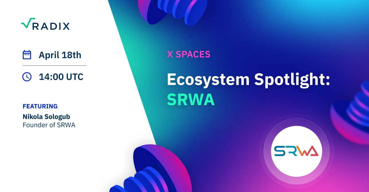 Meet the builders shaping Radix!  

Our 2nd Ecosystem Spotlight this Friday 18 features <a href="/NikolaSologub/">Nikola Sologub</a>, founder of <a href="/SRWAio/">SRWA.xrd</a> 

See you there 🫂 x.com/i/spaces/1yNxa…