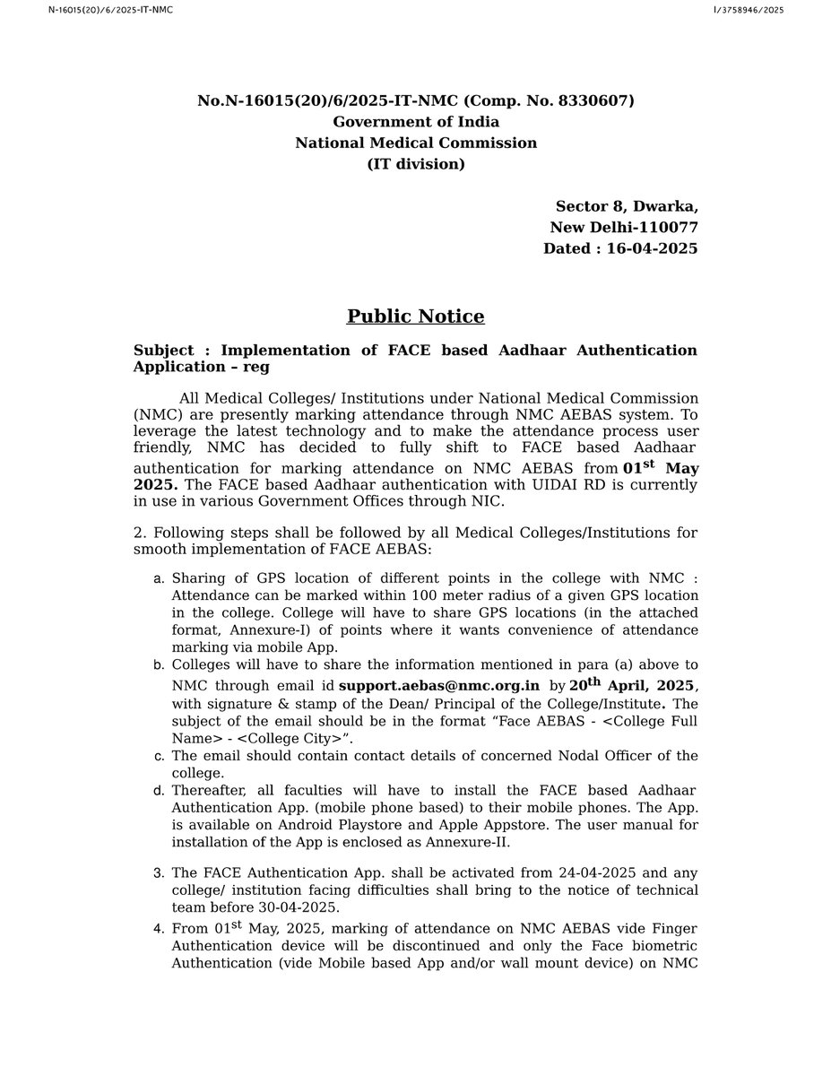 TMMAOfficial's tweet photo. 🚨 Important Update to all the Teaching Faculties in Medical Colleges

In a bid to say Good-Bye to malpractices such as Silicone fingerprint attendance marking, that encouraged Ghost faculties, National Medical Commission is all set to implement FACE based AEBAS from 1st May 2025 onwards in all Medical Colleges.

Finger authentication device to be discontinued from 1st May 2025. 

All faculties will be required to install FACE based Aadhaar Authentication App on their mobile phones. 

#MedX #MedTwitter #FACEBasedAttendance #MedicalEducation #AEBAS #GhostFaculties